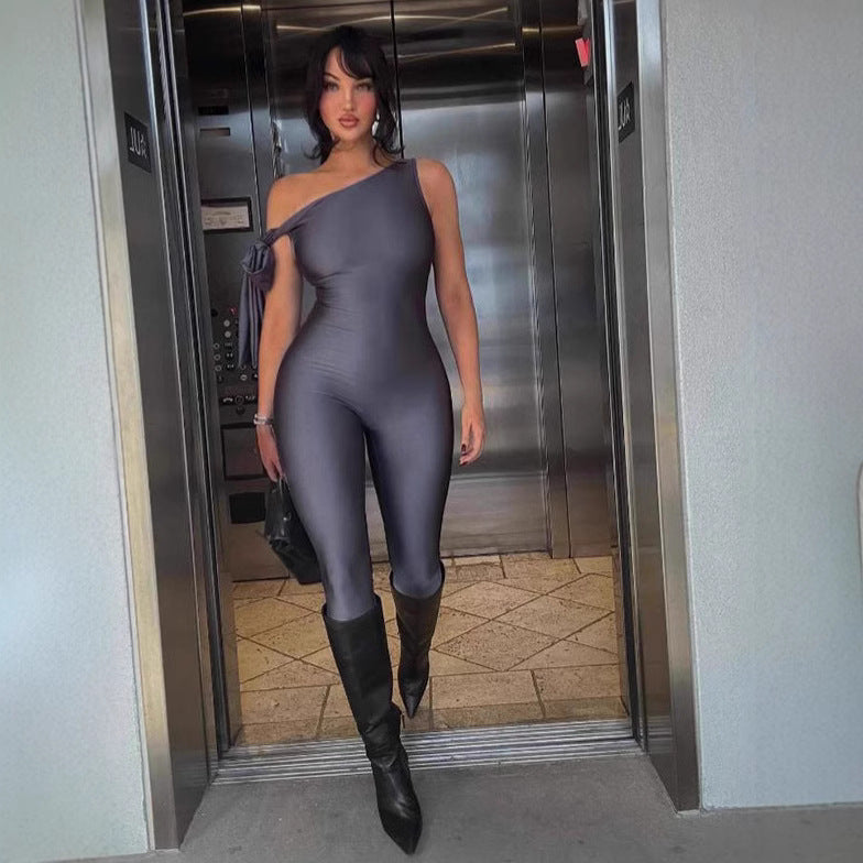 Damen Eleganter Einteiler mit asymmetrischem Schnitt und Chiffonärmel Drune
