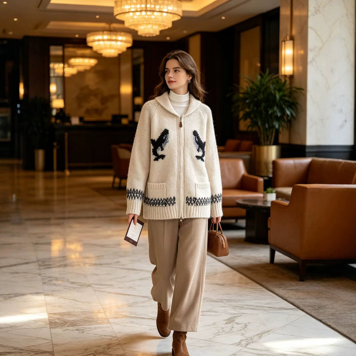 Damen Grobgestrickte Zip-Cardigan mit Schalkragen und Intarsienmotiv Drune
