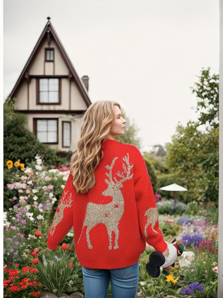 Damen Grobstrickpullover mit festlichem Schneeflockenmuster und weitem Schnitt Drune