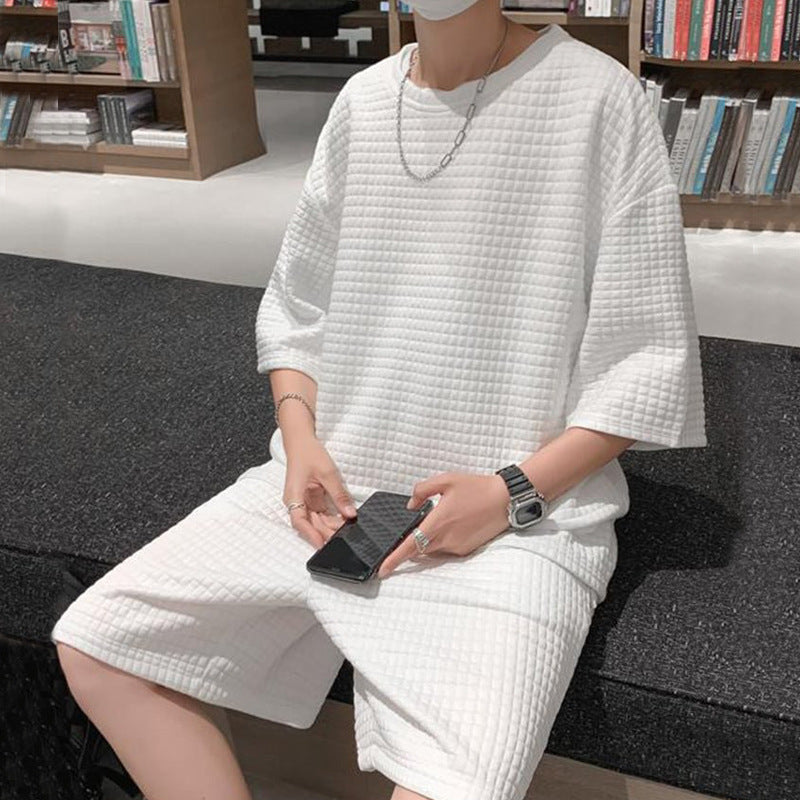 Herren nan quadratstruktur Freizeitset mit oversized Rundhalsshirt und knielangen Relax-Shorts Drune
