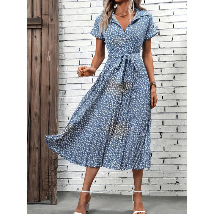 Damen Maxikleid mit knöpfbarem Kragen und Bindegürtel Drune