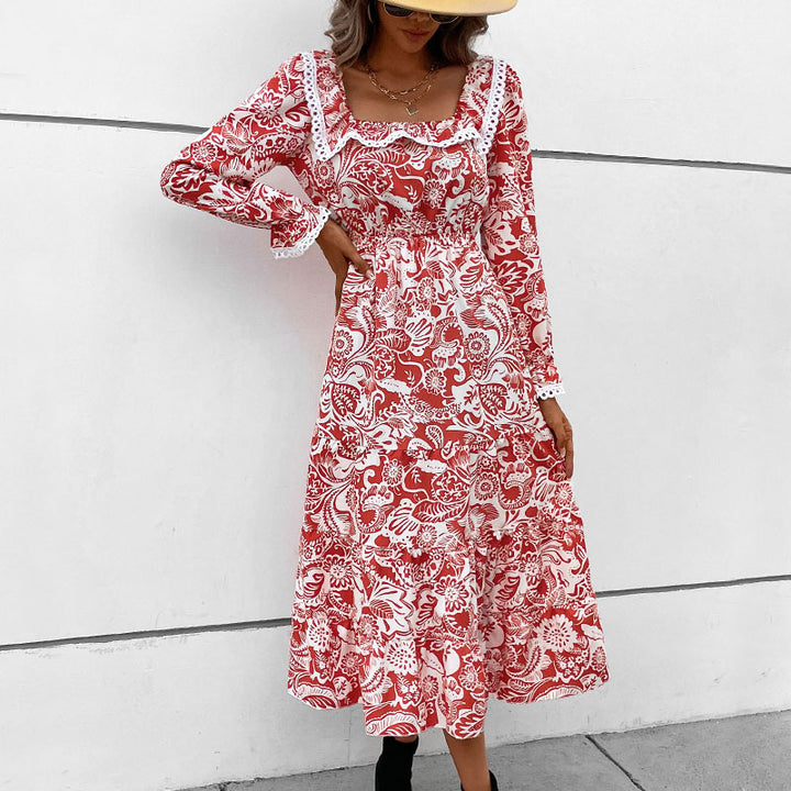 Damen Midikleid im Paisley-Print mit Spitzenvolant, quadratischem Ausschnitt und elastischer Taillennaht Drune