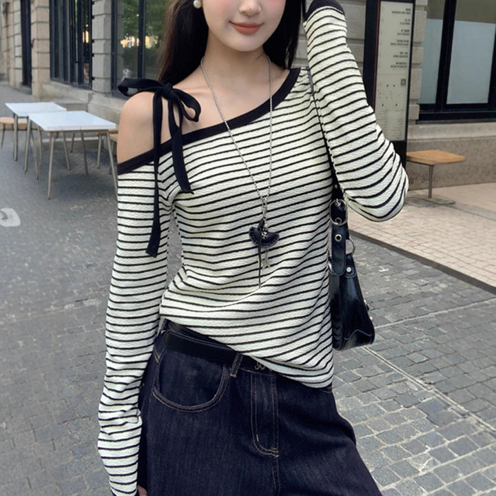 Damen schulterfreies Langarmshirt mit gestreiftem Design und dekorativen Schleifendetails Drune