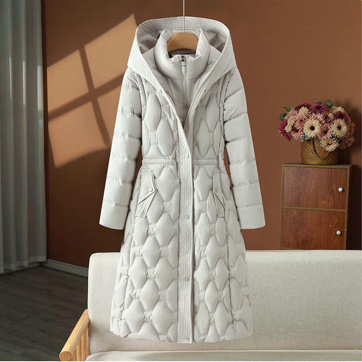 Damen nan langer gesteppter Wintermantel mit Kapuze und taillierter Silhouette Drune
