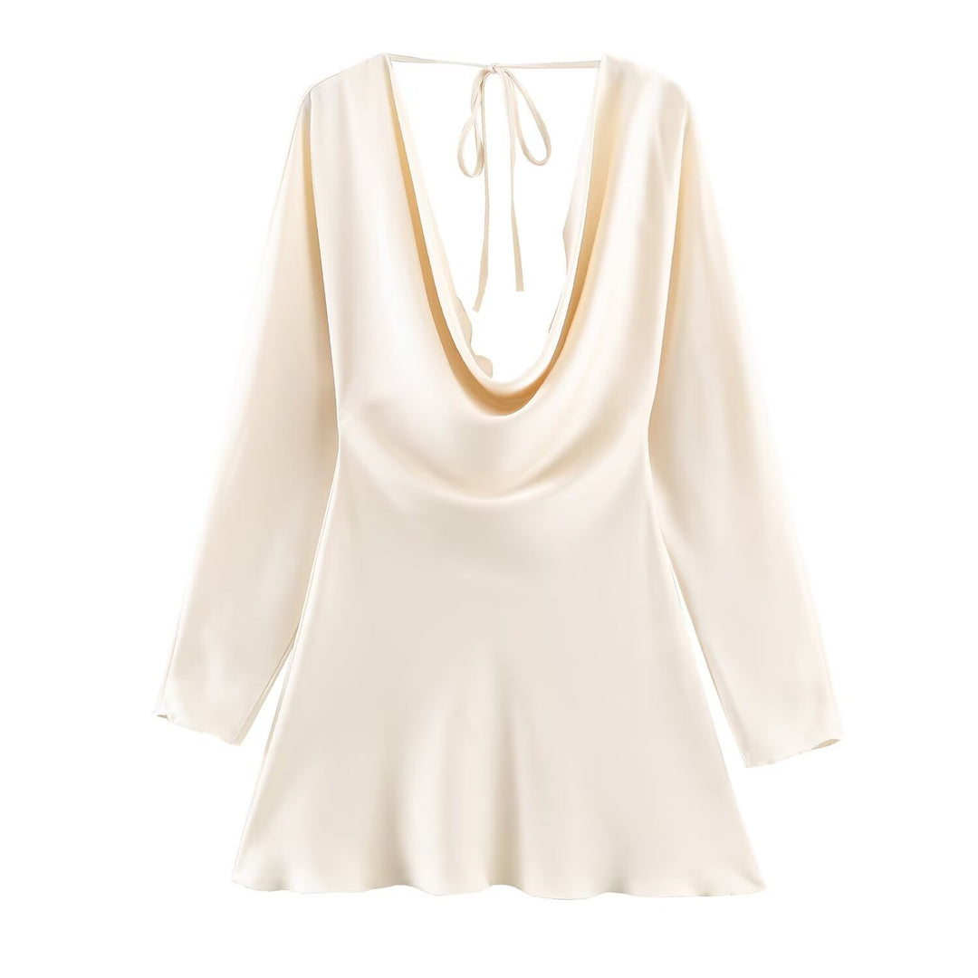 Damen Kurzes Satin-Minikleid mit tiefem Wasserfall‑Rücken, V‑Ausschnitt vorne und langen Ärmeln Drune