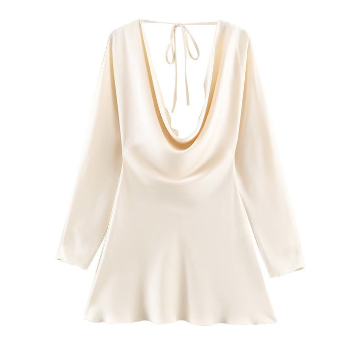 Damen Kurzes Satin-Minikleid mit tiefem Wasserfall‑Rücken, V‑Ausschnitt vorne und langen Ärmeln Drune
