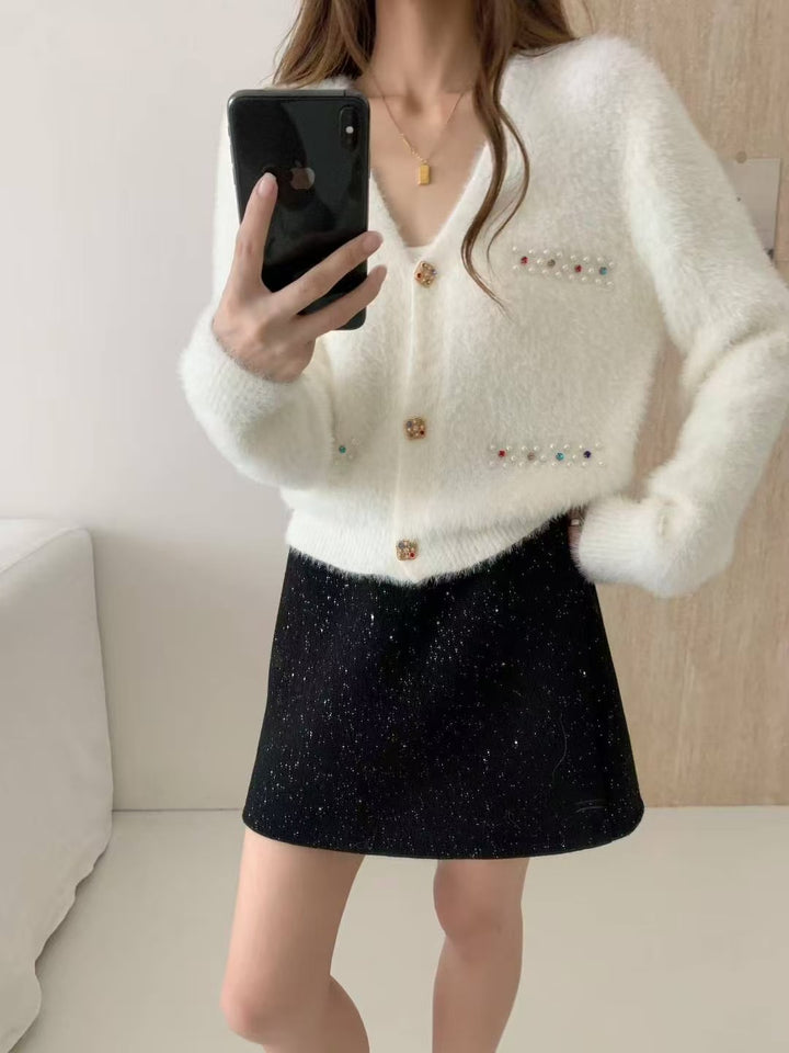 Damen Verspielter V-Ausschnitt Cardigan mit Perlen Drune