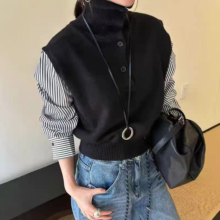 Damen modischer Rollkragenpullunder mit Hemdärmel und Knopfdetails Drune