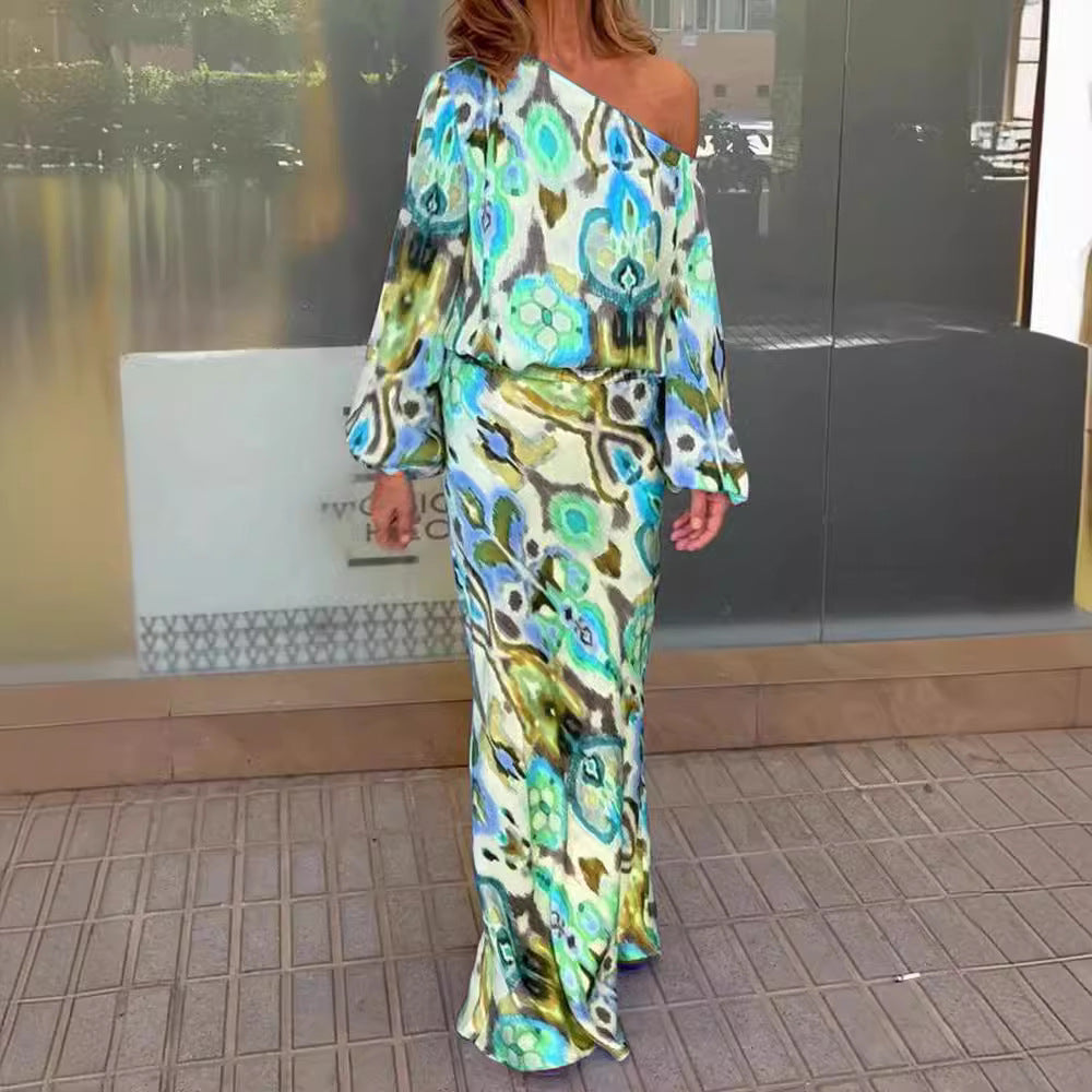 Damen Maxikleid mit asymmetrischer Ein-Schulter, fließendem Satin und Glockenärmeln Drune