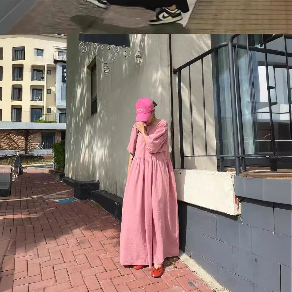 Damen Lässiges Maxi-Babydollkleid mit Puffärmeln und geraffter Taillenpartie Drune