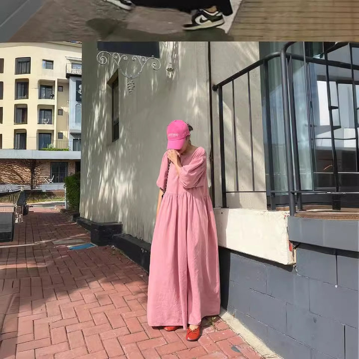 Damen Lässiges Maxi-Babydollkleid mit Puffärmeln und geraffter Taillenpartie Drune