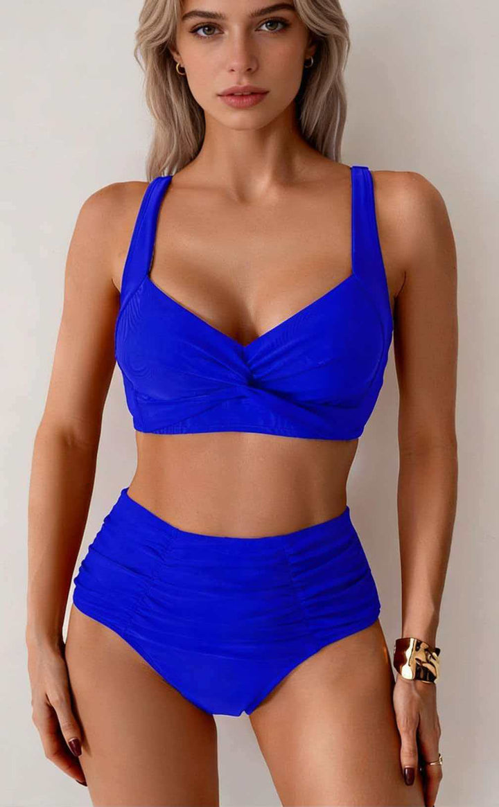 Damen Hochgeschnittenes Bikini-Set mit Wickeloberteil und Raffungen Drune