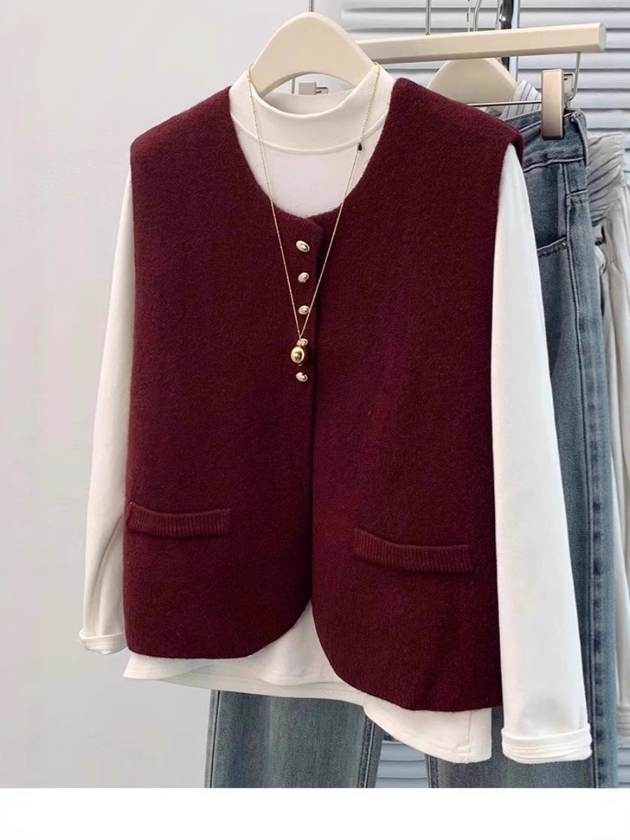Damen Kurzgeschnittene Ärmellose Strickweste mit Perlenknopfleiste und aufgesetzten Taschen Drune