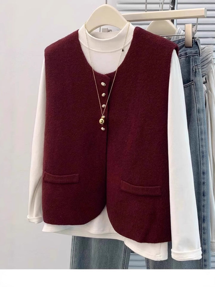Damen Kurzgeschnittene Ärmellose Strickweste mit Perlenknopfleiste und aufgesetzten Taschen Drune