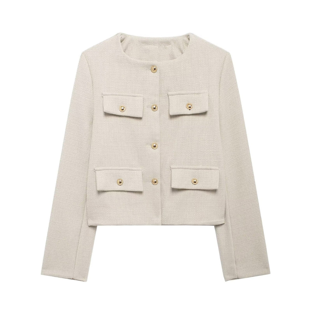 Damen Bouclé-Cropped-Jacke mit vier Pattentaschen und goldenen Schmuckknöpfen Drune