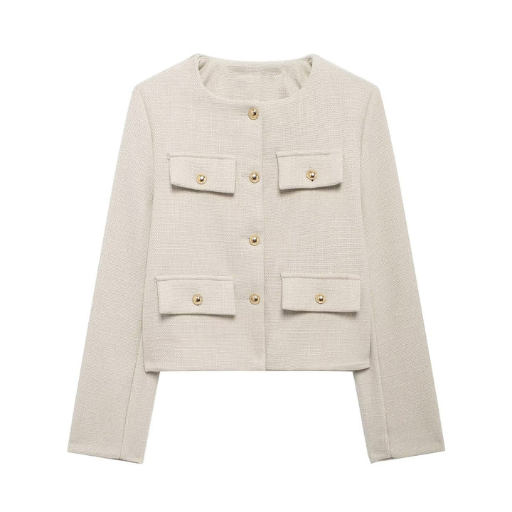 Damen Bouclé-Cropped-Jacke mit vier Pattentaschen und goldenen Schmuckknöpfen Drune