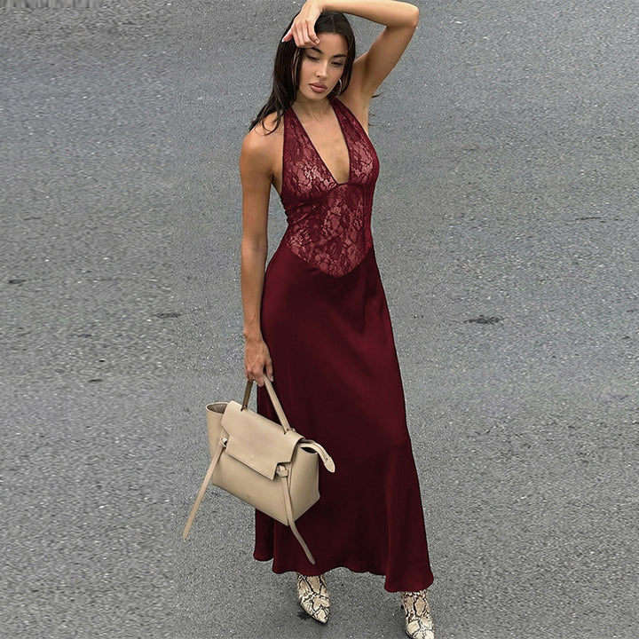 Damen Elegantes Maxikleid mit tiefem V-Ausschnitt und Spitzeneinsatz Drune