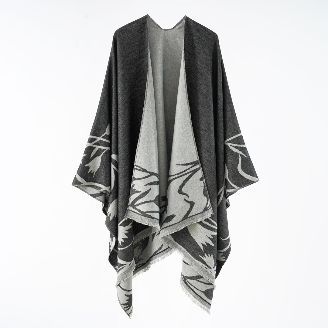 Damen Wendbarer Oversize-Capeponcho aus Wollmix mit floraler Jacquardwebung Drune