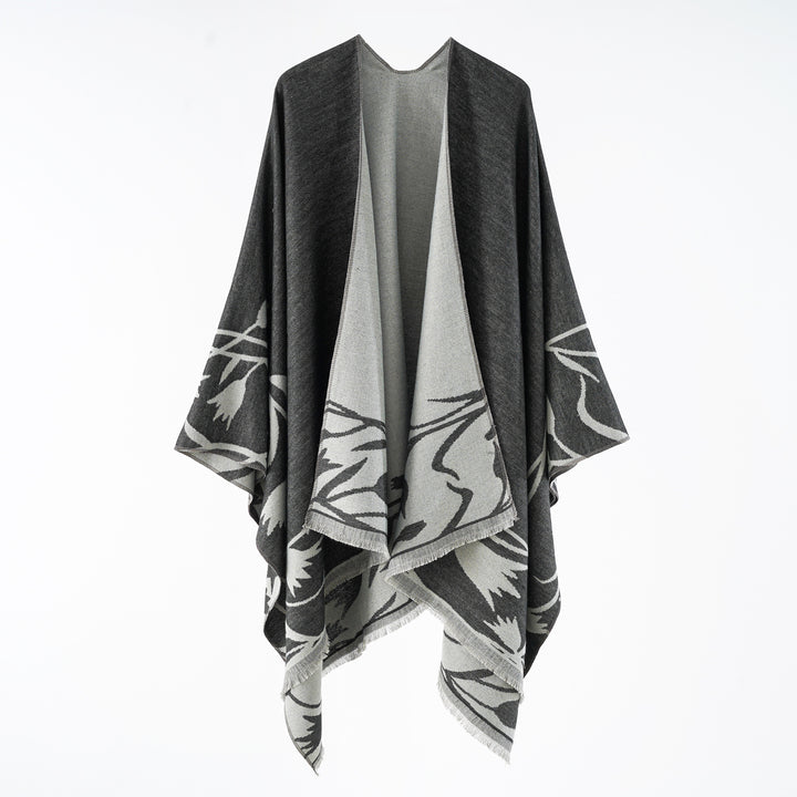Damen Wendbarer Oversize-Capeponcho aus Wollmix mit floraler Jacquardwebung Drune