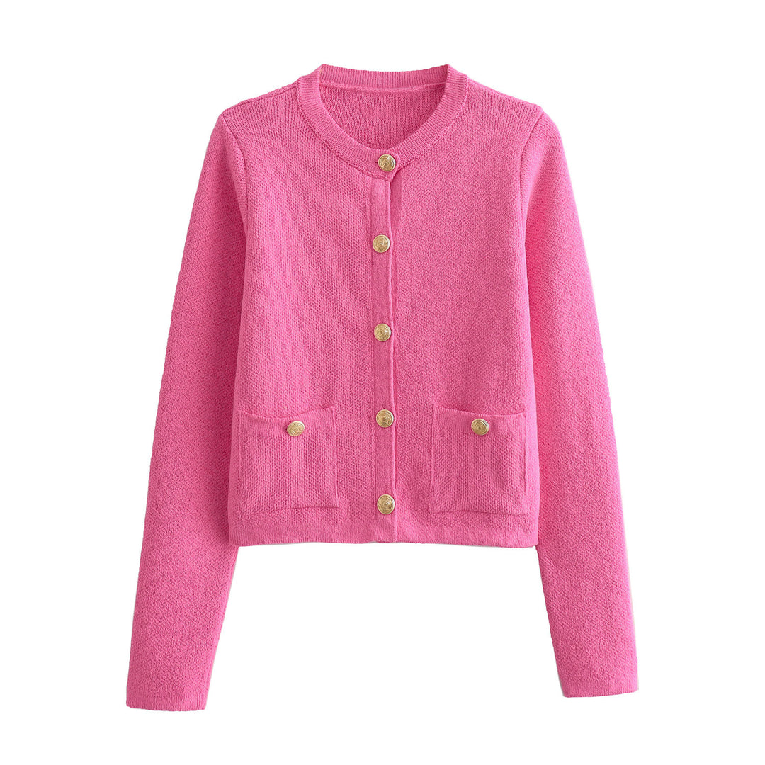 Damen Kurzgeschnittener Bouclé-Cardigan mit Rundhals, Pattentaschen und Münzknöpfen Drune