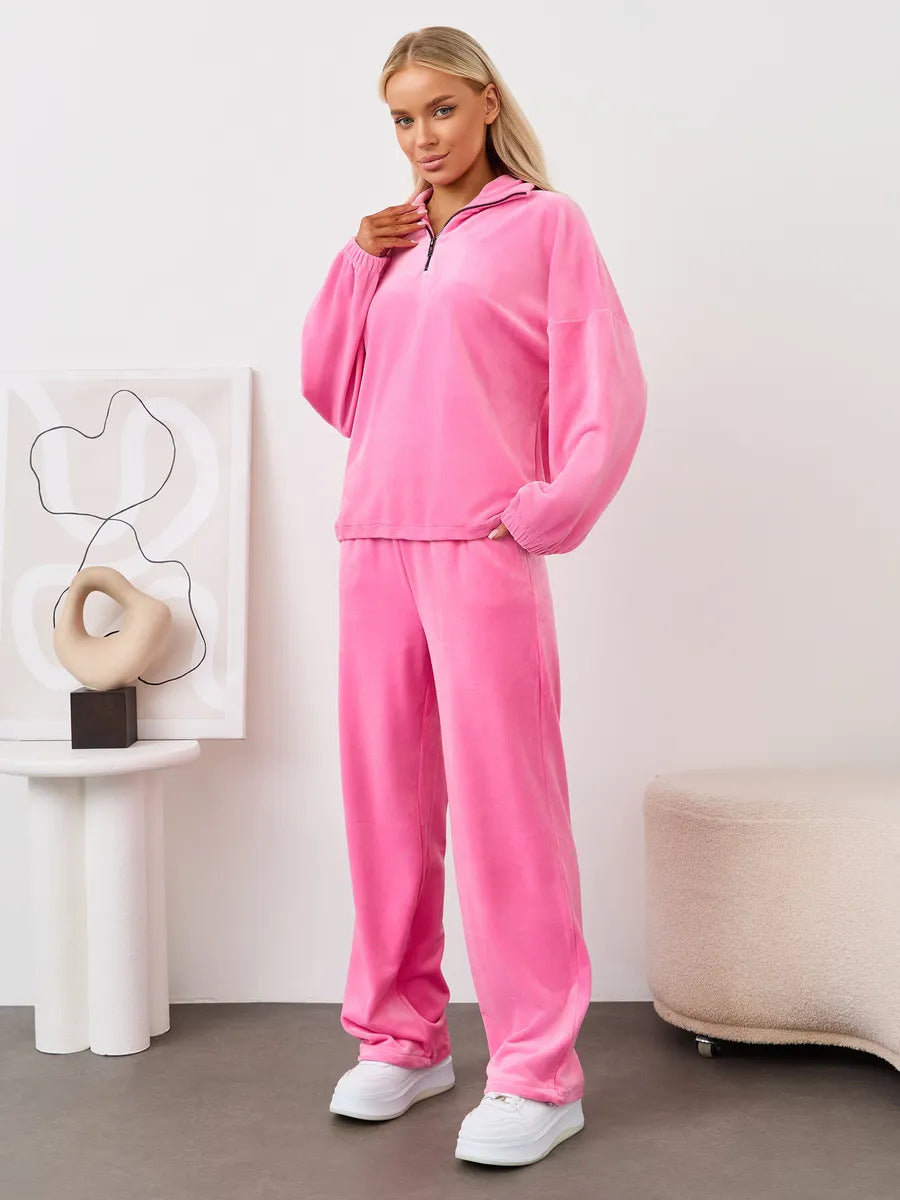 Damen samtiges zweiteiliges Lounge-Set mit Kapuzen-Halbzip und elastischer Bundhose Drune