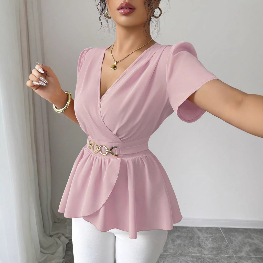 Damen Wickelbluse mit Taillen-Gürtel und asymmetrischem Volant Drune