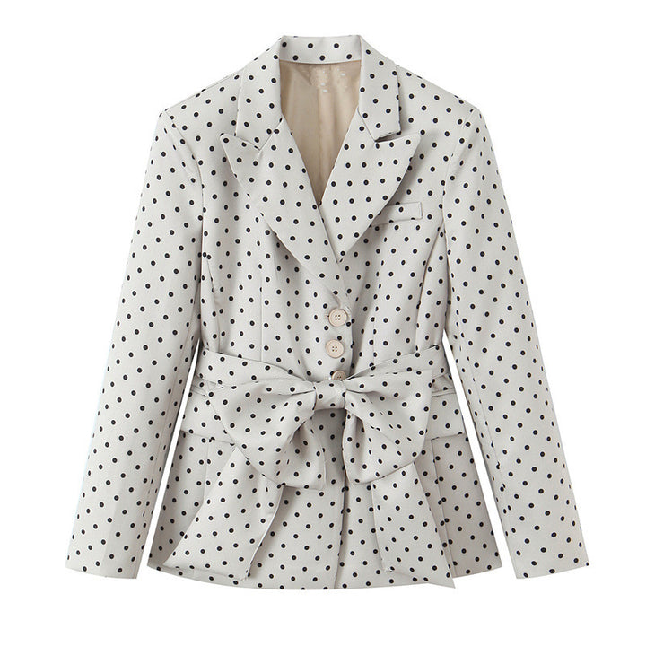 Damen Taillierter gepunkteter Blazer mit Bindegürtel und Reverskragen Drune