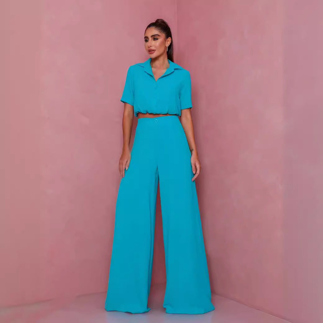 Damen Elegantes Kurzarm-Blusen und Palazzo-Hosen-Ensemble Drune