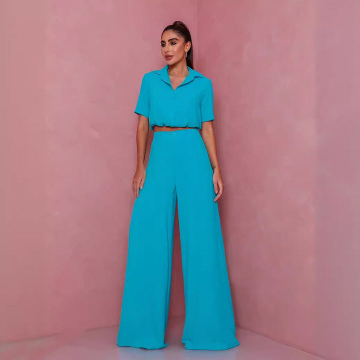 Damen Elegantes Kurzarm-Blusen und Palazzo-Hosen-Ensemble Drune