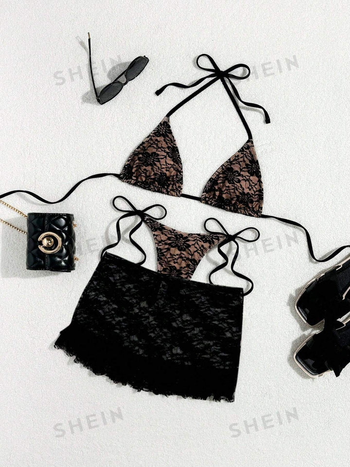 Damen Spitzen-Bikini mit floralem Design und fließendem Rock Drune