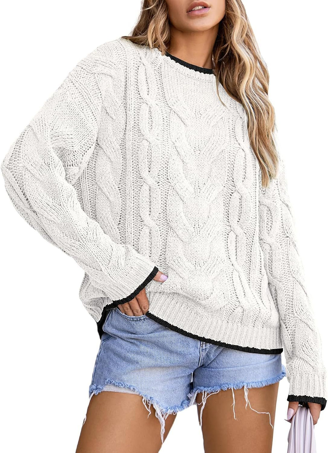 Damen Strickpullover mit grobem Zopfmuster Drune