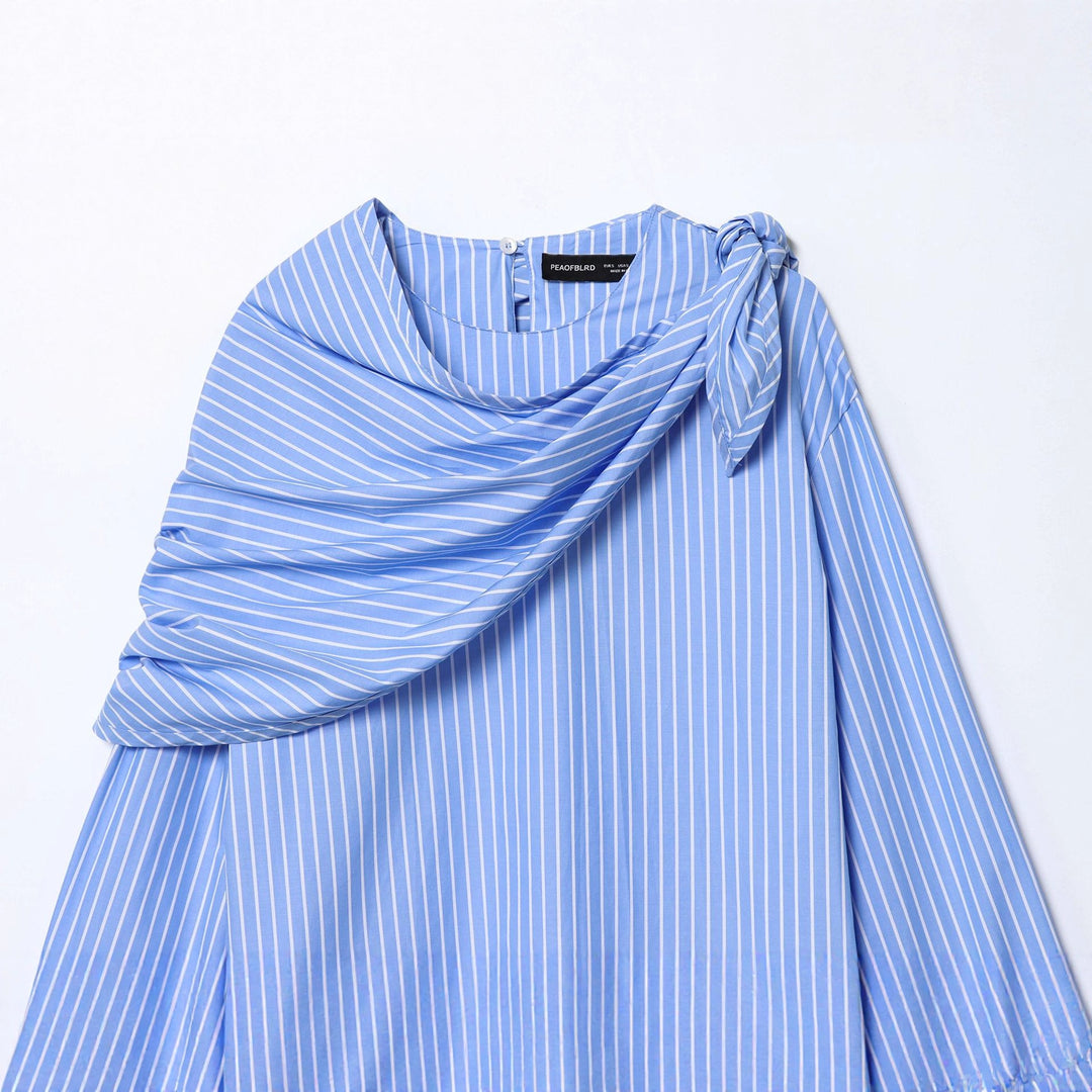 Damen nan schulterdetailierte Baumwollbluse mit Drapé-Schalkragen und breiten Manschetten Drune