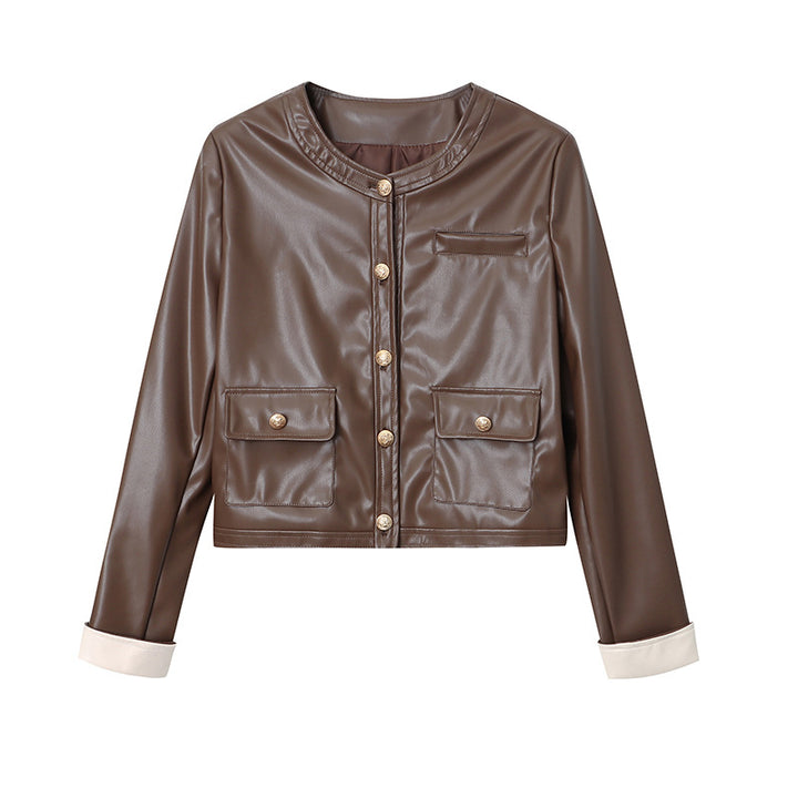 Damen modische Kunstlederjacke mit diagonalen Schnitten Drune