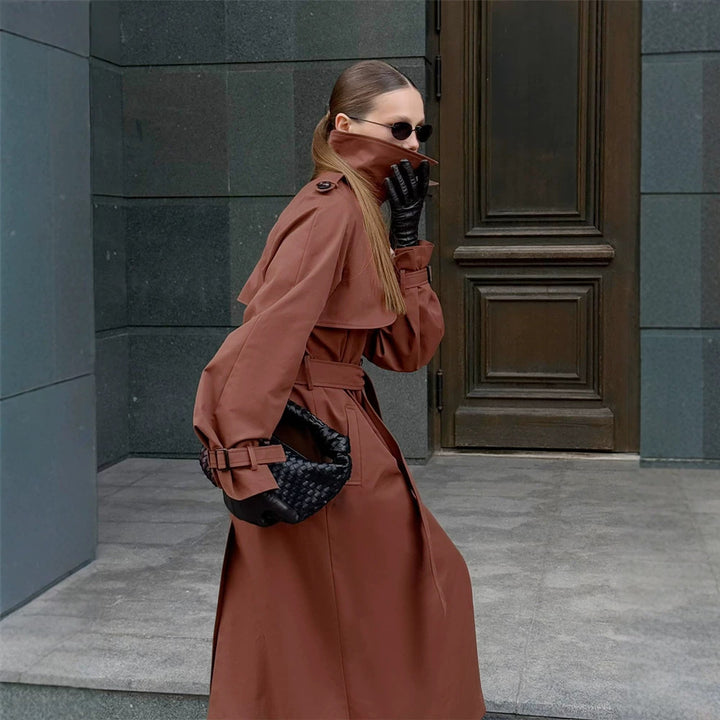Damen Lang geschnittener wasserabweisender Trenchcoat mit hohem Stehkragen und Taillengürtel Drune