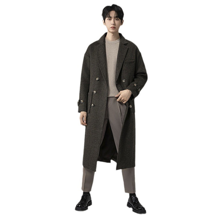 Herren Maxilanger Wollmix-Mantel im Tweed-Look mit Oversize-Schnitt, Doppelreihe und Bindegürtel Drune