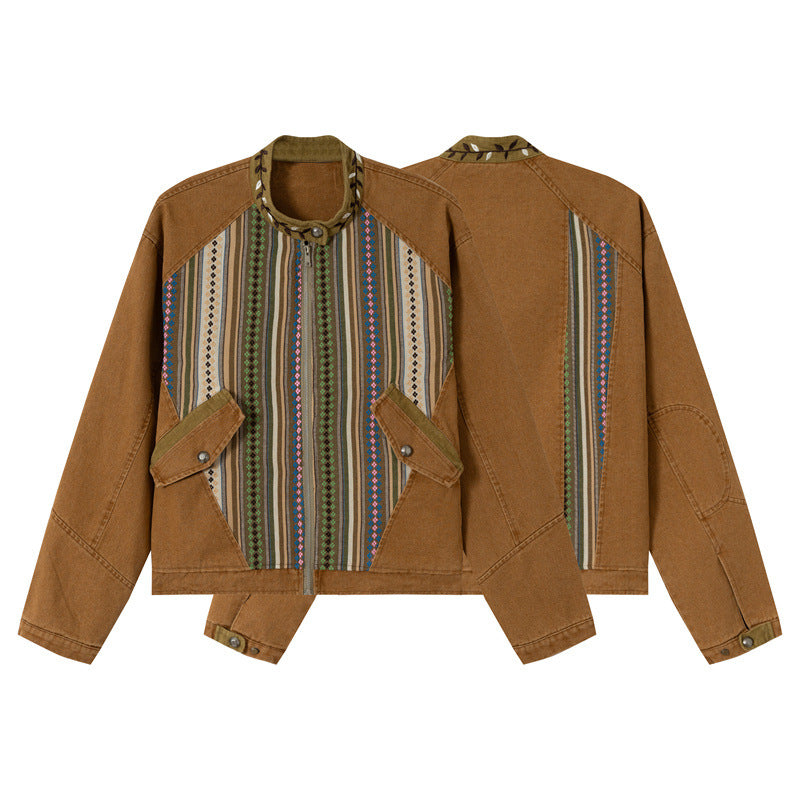 Damen Kurzer Canvas-Blouson mit gewebter Ethno‑Streifenfront und Pattentaschen Drune