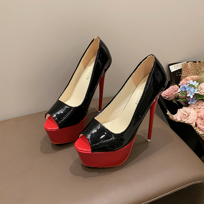 Damen Offene Zehen Plateau‑Stiletto mit hohem Absatz und Lackfinish Drune