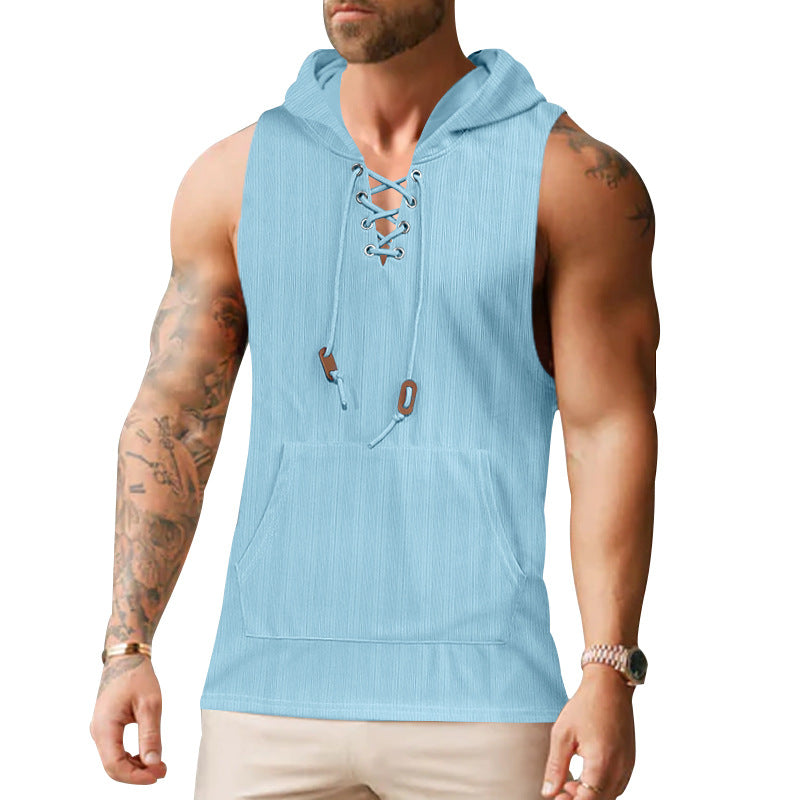 Herren nan ärmelloses Kapuzen-Sweatshirt mit Schnürkragen und Kängurutasche Drune