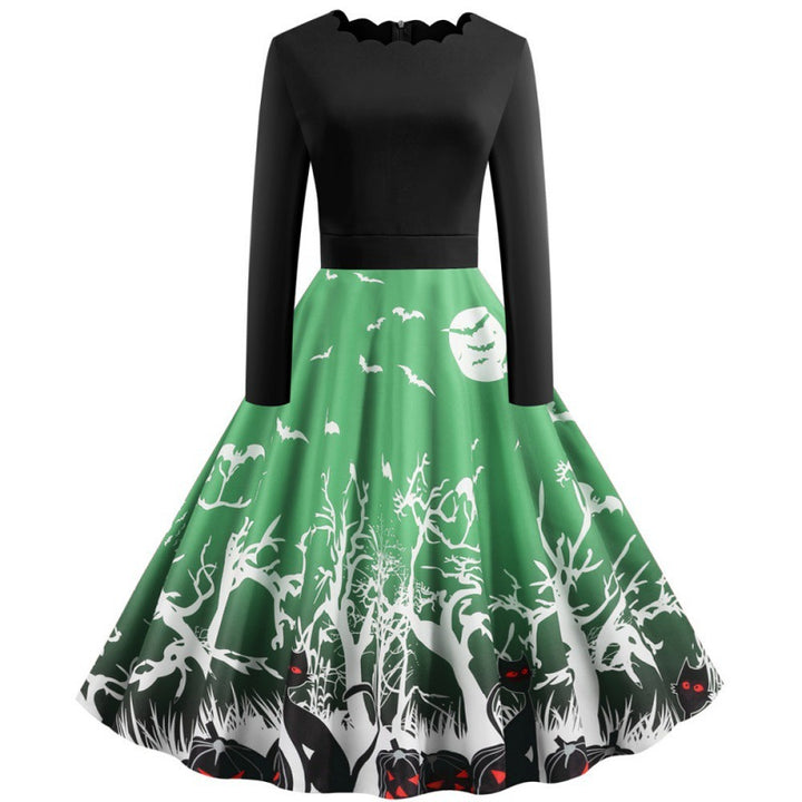 Damen Vintage Swingkleid mit gewelltem Ausschnitt, tailliertem Oberteil und Halloween-Print Drune