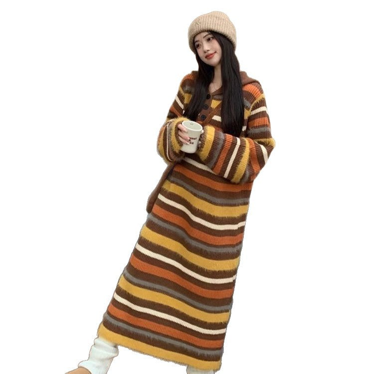 Damen Modische Strickjacke mit großen Knöpfen und kapuzze Drune