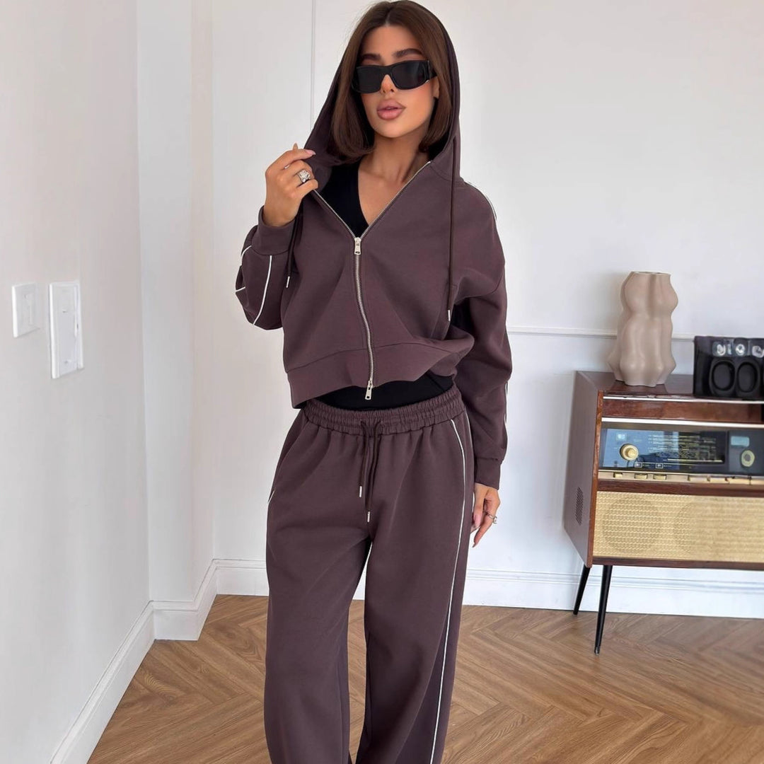 Damen Lässiges zweiteiliges Lounge-Set mit oversized Zipjacke und weitem Kordelzug-Hosenbund Drune