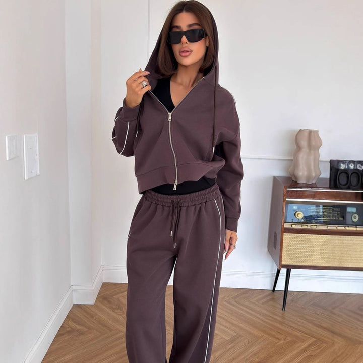 Damen Lässiges zweiteiliges Lounge-Set mit oversized Zipjacke und weitem Kordelzug-Hosenbund Drune