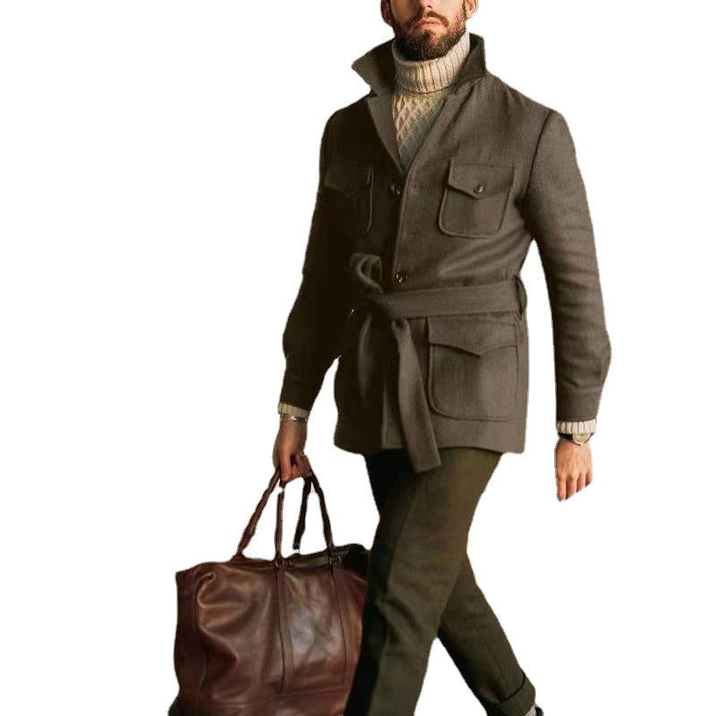 Herren multifunktionale Wool-Jacke mit Gürtel und Taschen Drune