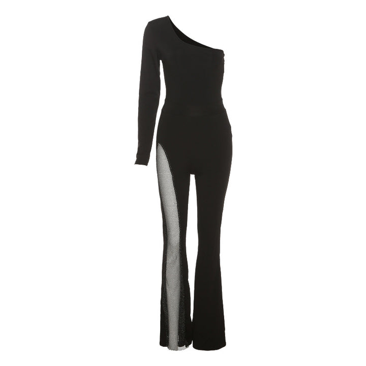 Damen edler Sport-Jumpsuit mit asymmetrischem Schnitt und Mesh-Einsätzen Drune