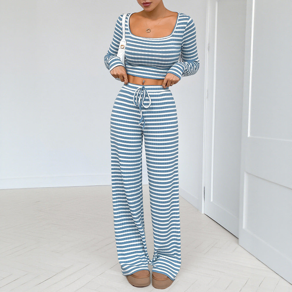 Damen Freizeitliches Zweiteiliges Set mit gestreiftem Oberteil und weitem Hose Drune