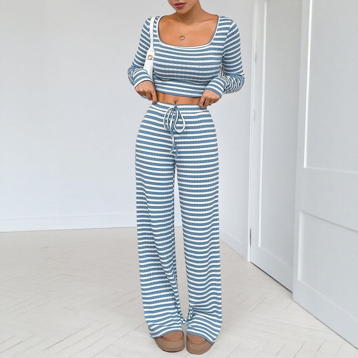 Damen Freizeitliches Zweiteiliges Set mit gestreiftem Oberteil und weitem Hose Drune