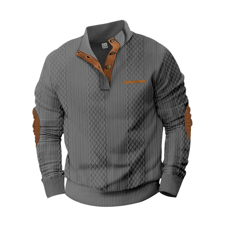 Herren nan strukturierter Strickpullover mit Stehkragen, Knopfleiste und Ellenbogenpatches Drune