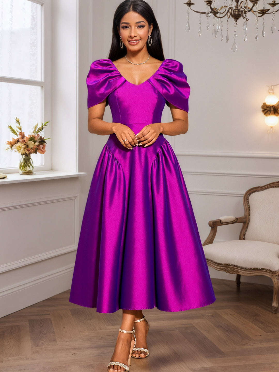 Damen Elegantes Satin Abendkleid mit voluminösen Puffärmeln Drune