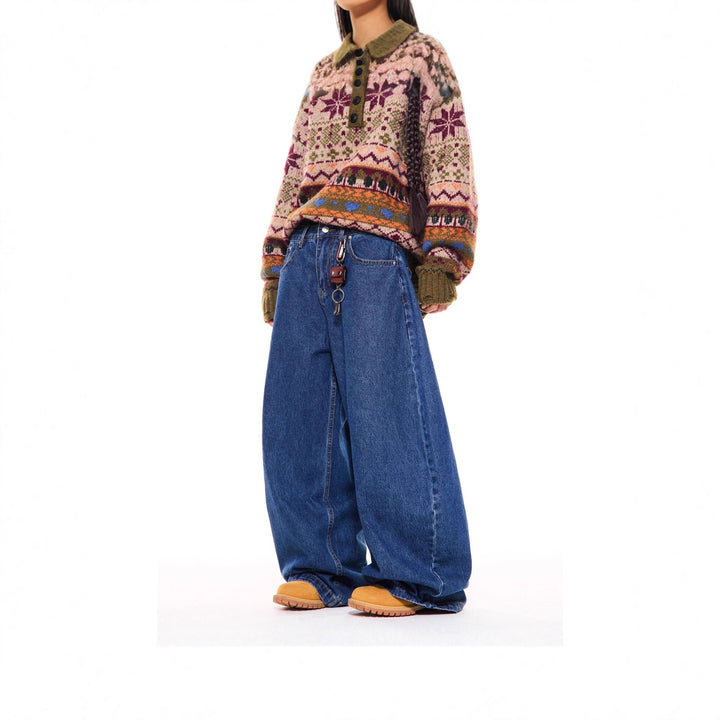 Damen Gemusterter Pullover mit Knopfleiste Drune