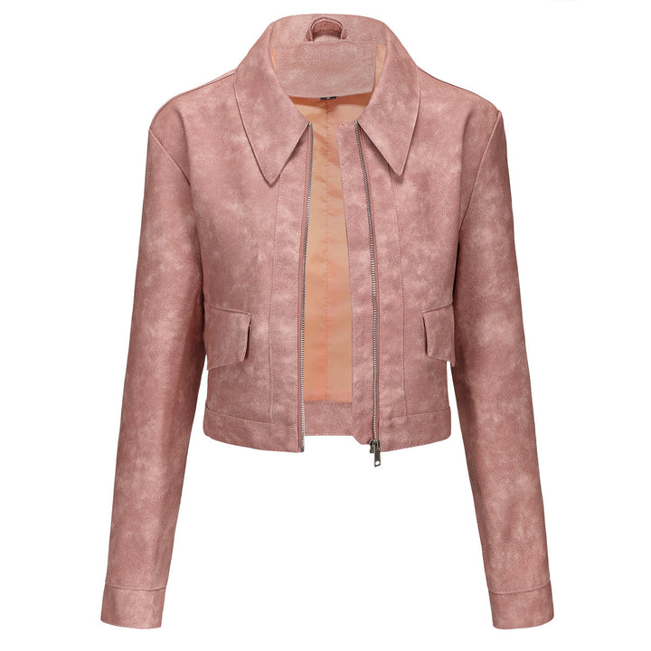 Damen modische cropped Kunstlederjacke mit klassischem Wellenkragen Drune
